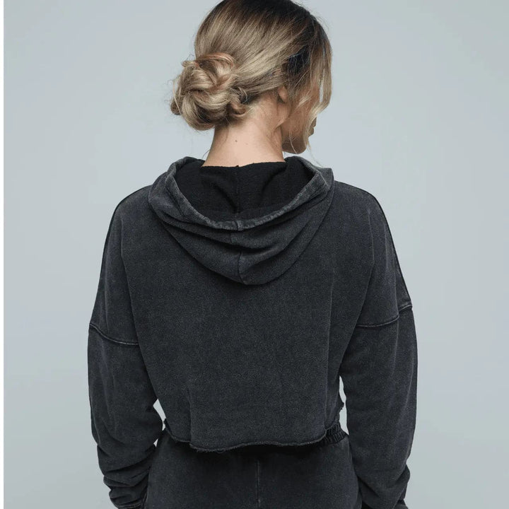 Woman back view of  Zone by Lydia hemp Cropped Hoodie in vintage black