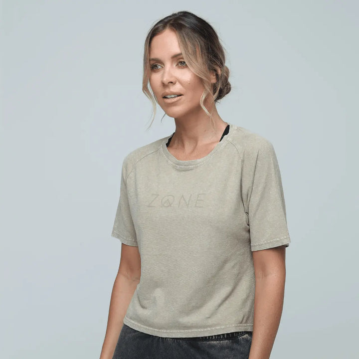 woman wearing Zone eco-friendly luxe Hemp Tee in sand colour