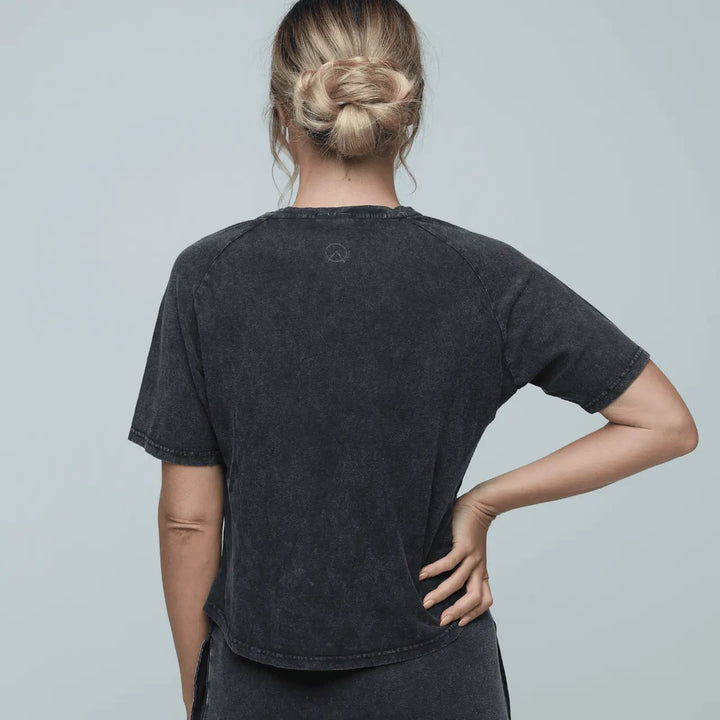back view woman wearing Zone eco-friendly luxe Hemp Tee with scooped back in vintage black colour