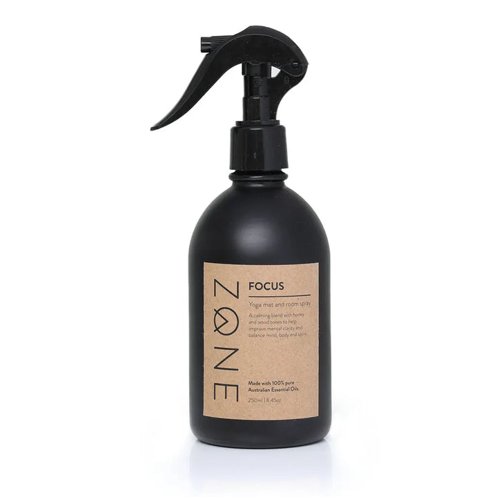 ZONE 250ml glass Yoga Mat and Room Spray made from Australian essential oils in calming Focus scent