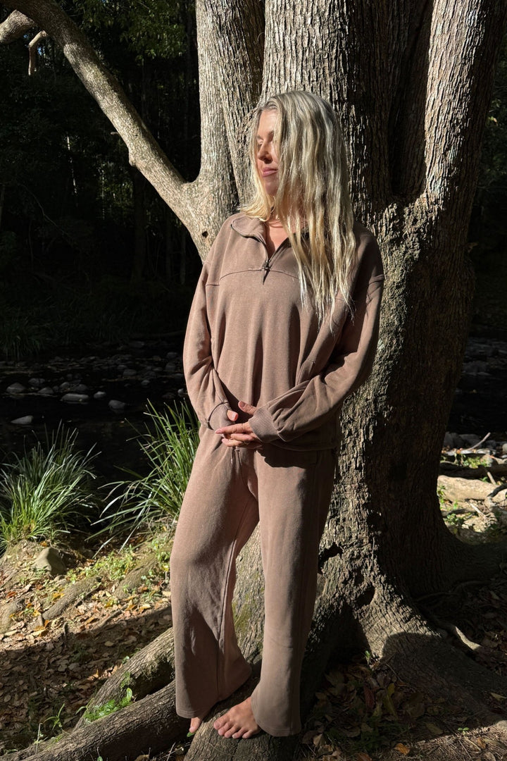 hemp zip crew sweater in shiitake